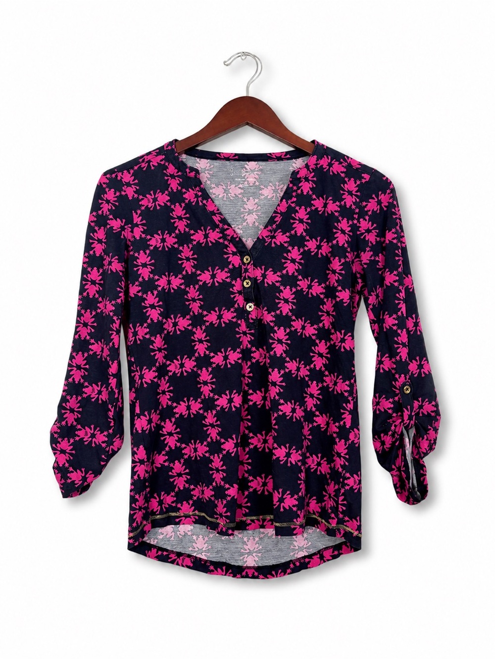 Lilly Pulitzer Fuchsia Navy Frog Print Henley Top Small Gold Button 100% Cotton